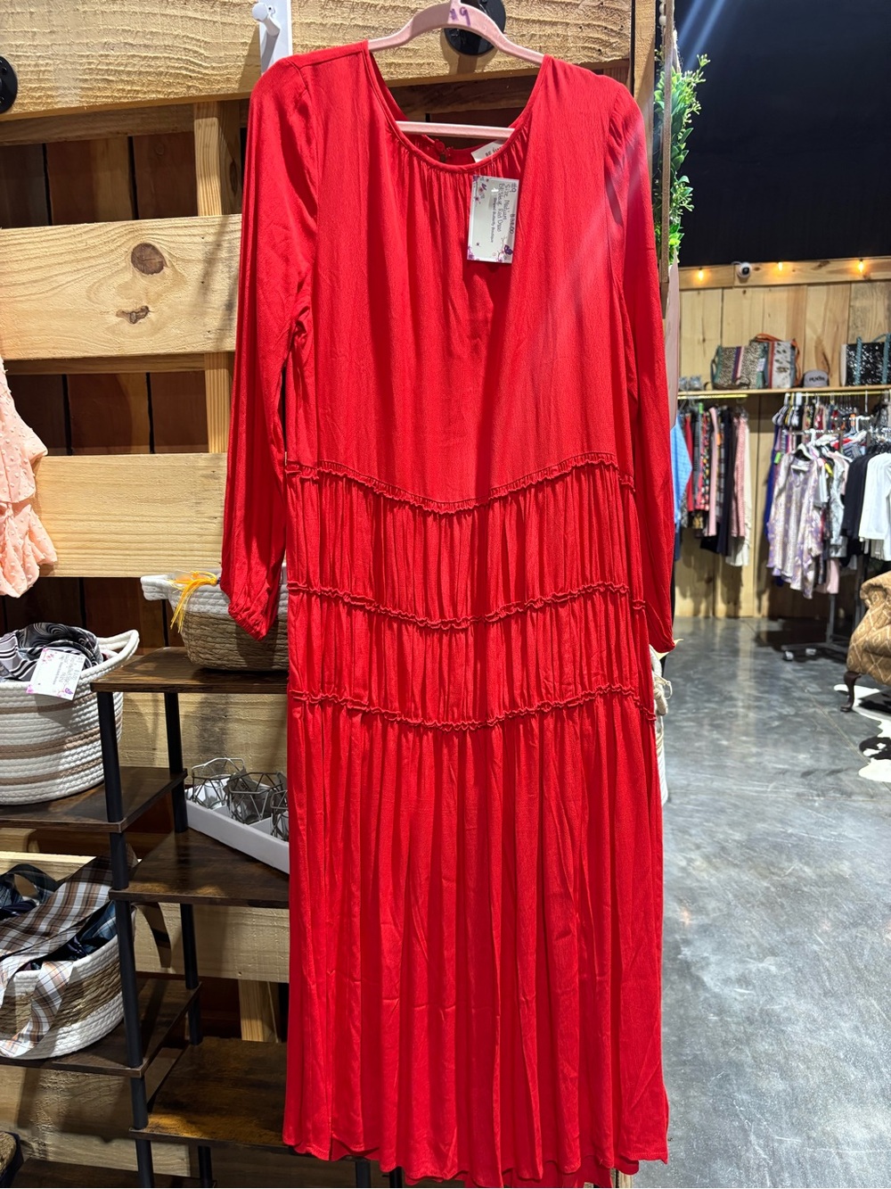Women’s Red Long-Sleeve Tiered Maxi Dress